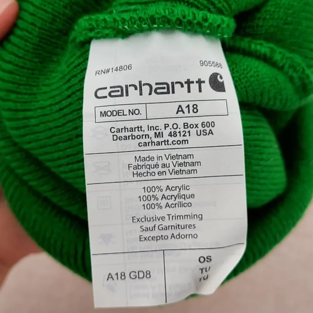 Carhartt Hat Beanie One Size Green Mens Knit Acrylic Workwear Winter Cuffed